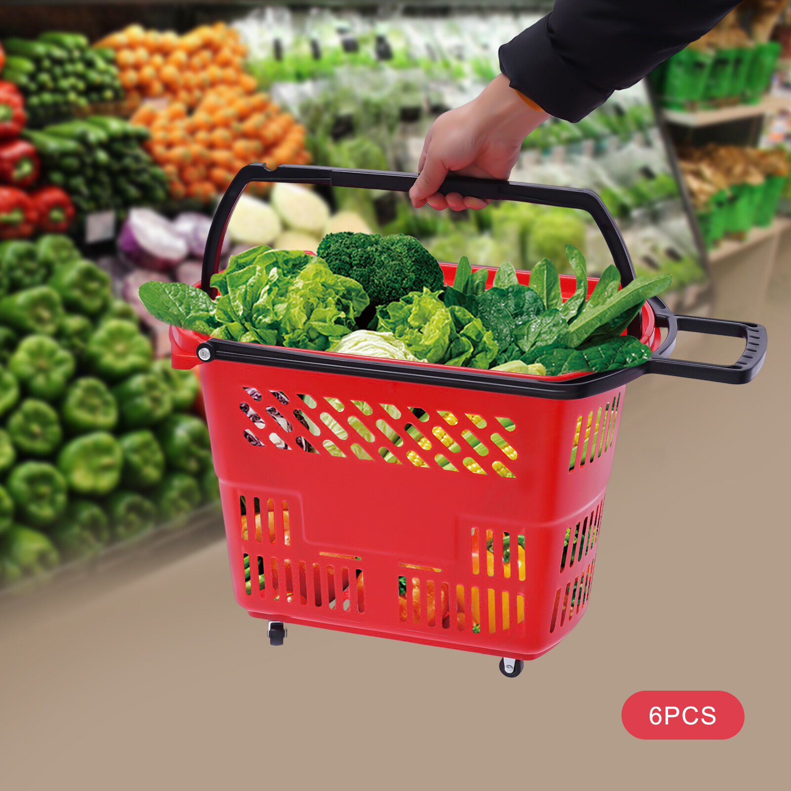 6Pcs Red Rolling Shopping Basket Plastic Rolling Shopping Carts with Handle 35L