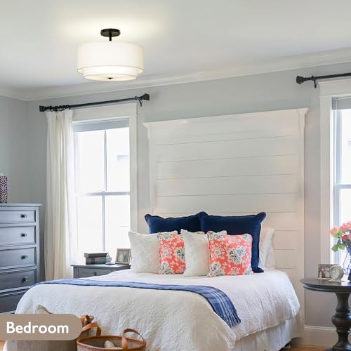 16" Dual Drum 3-Light Semi Flush Mount Ceiling Light, White Classic Black