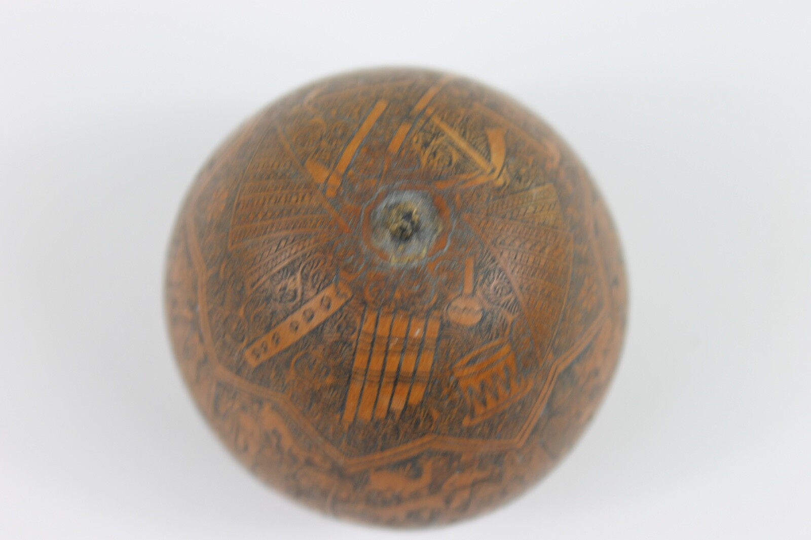 One exquisitely carved Peruvian storytelling gourd village life folk art