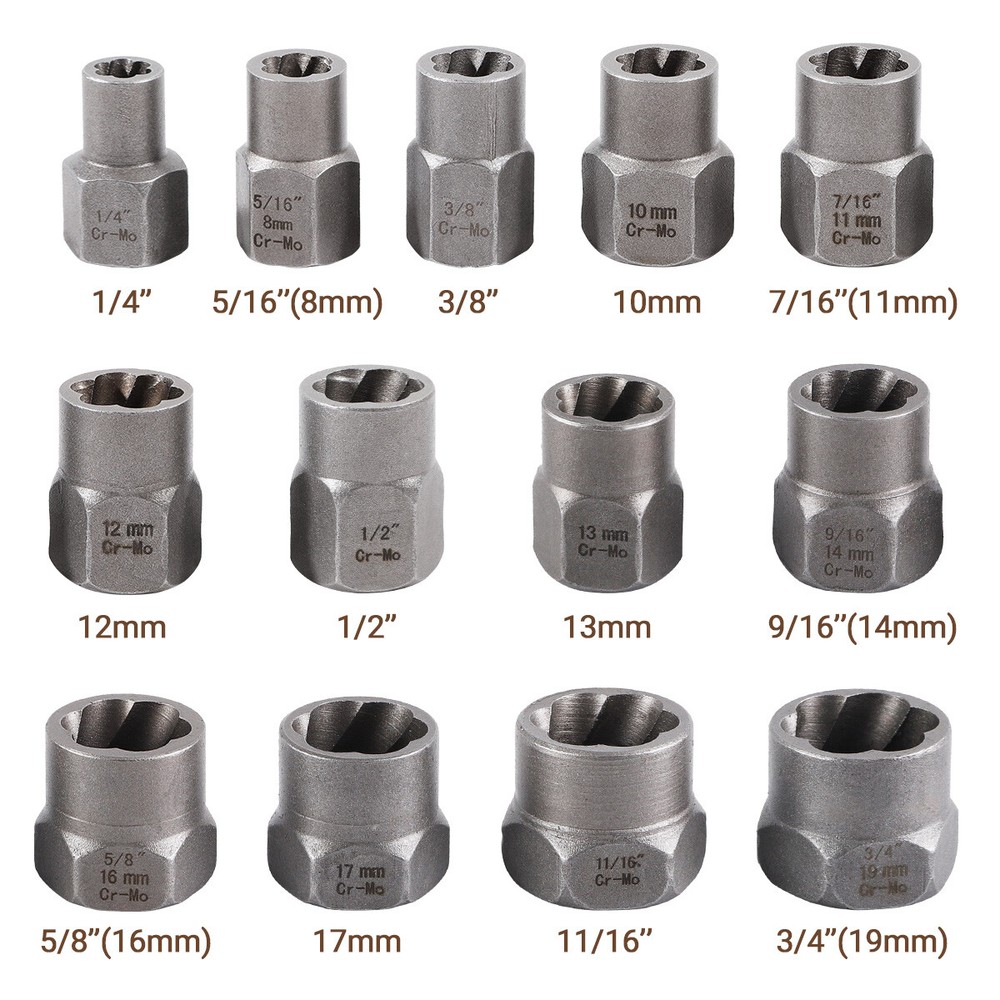 15PC Impact Bolt Nut Remover Extractor Socket Tool Set for Damaged Rusted Frozen
