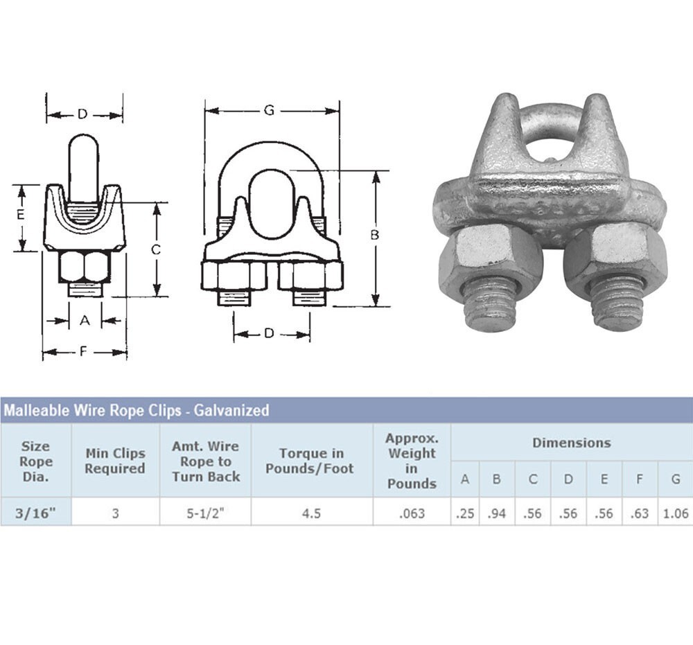 2 Pc Marine Wire Rope Cable Clips Cable Clamp 3/16'' Drop Forged Galvanized