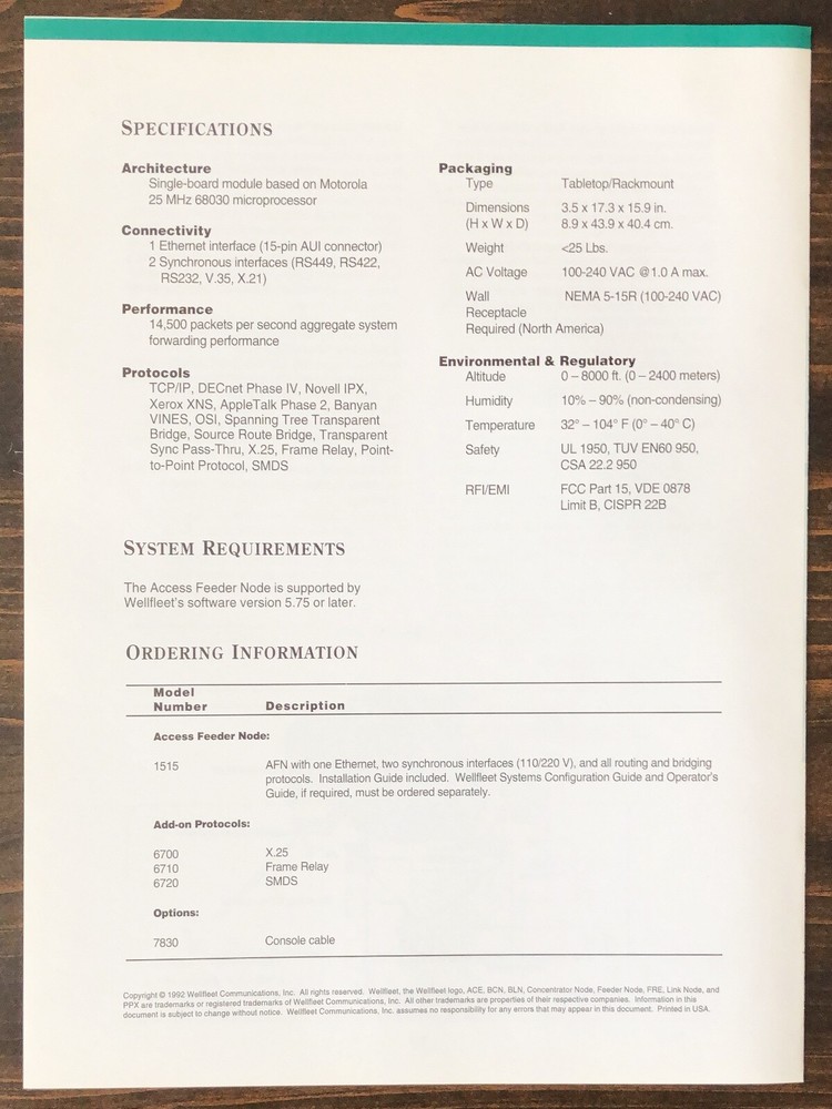 Wellfleet Communications - Access Feeder Node Sales Brochure 1992