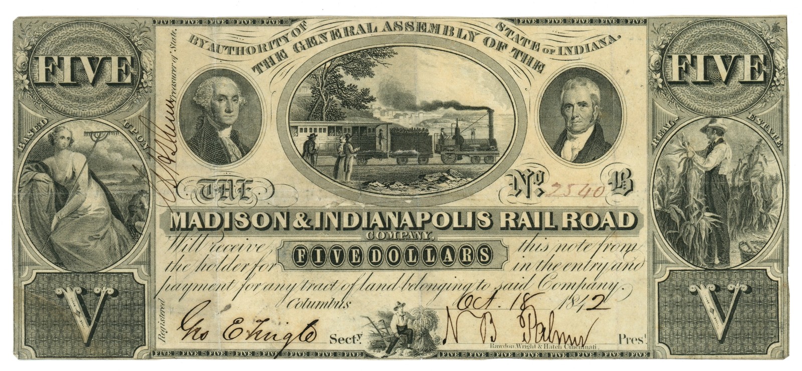 1842 Madison & Indianapolis Railroad Co. Columbus IN $5 Note W129-1 (L6692)