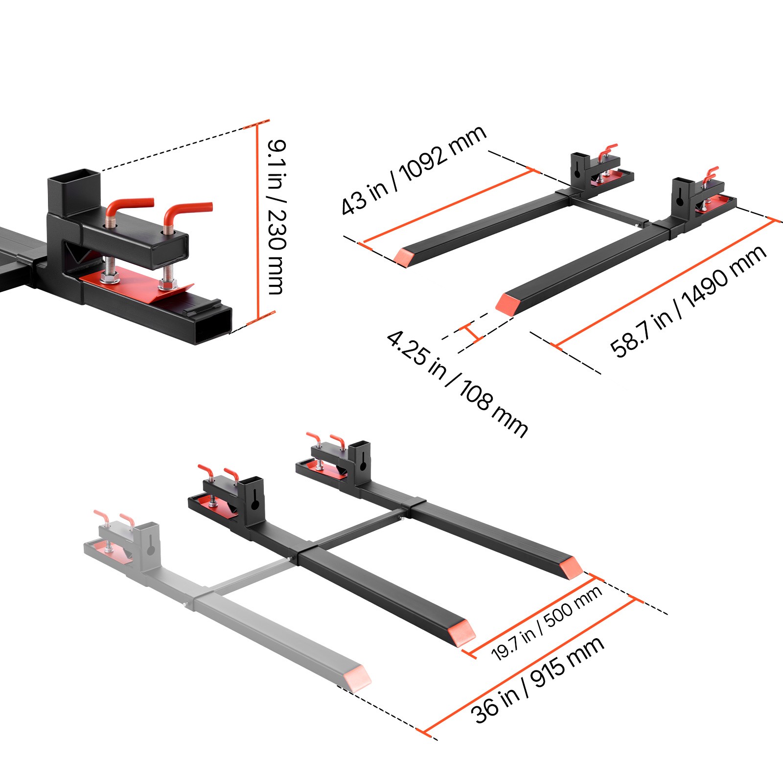 Uimoso 60 inch 4000 lbs Clamp On Pallet Forks, Tractor Forks with Stabilizer Bar