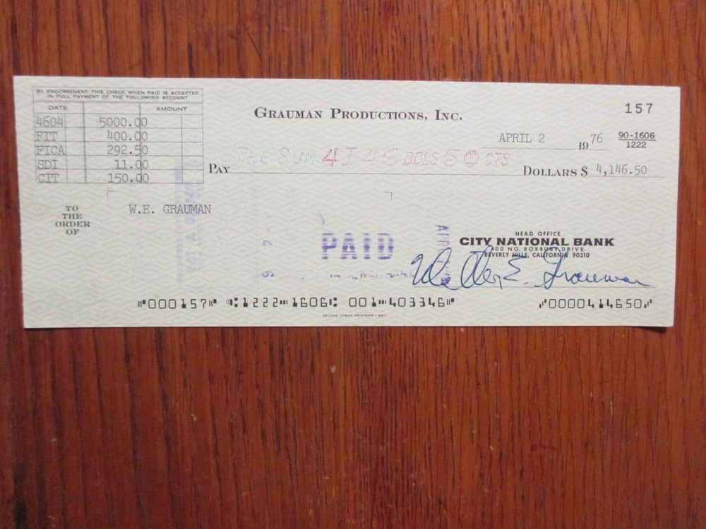 WALTER  E.  GRAUMAN ("Murder, She Wrote-"director) Signed 1976  Cancelled  Check