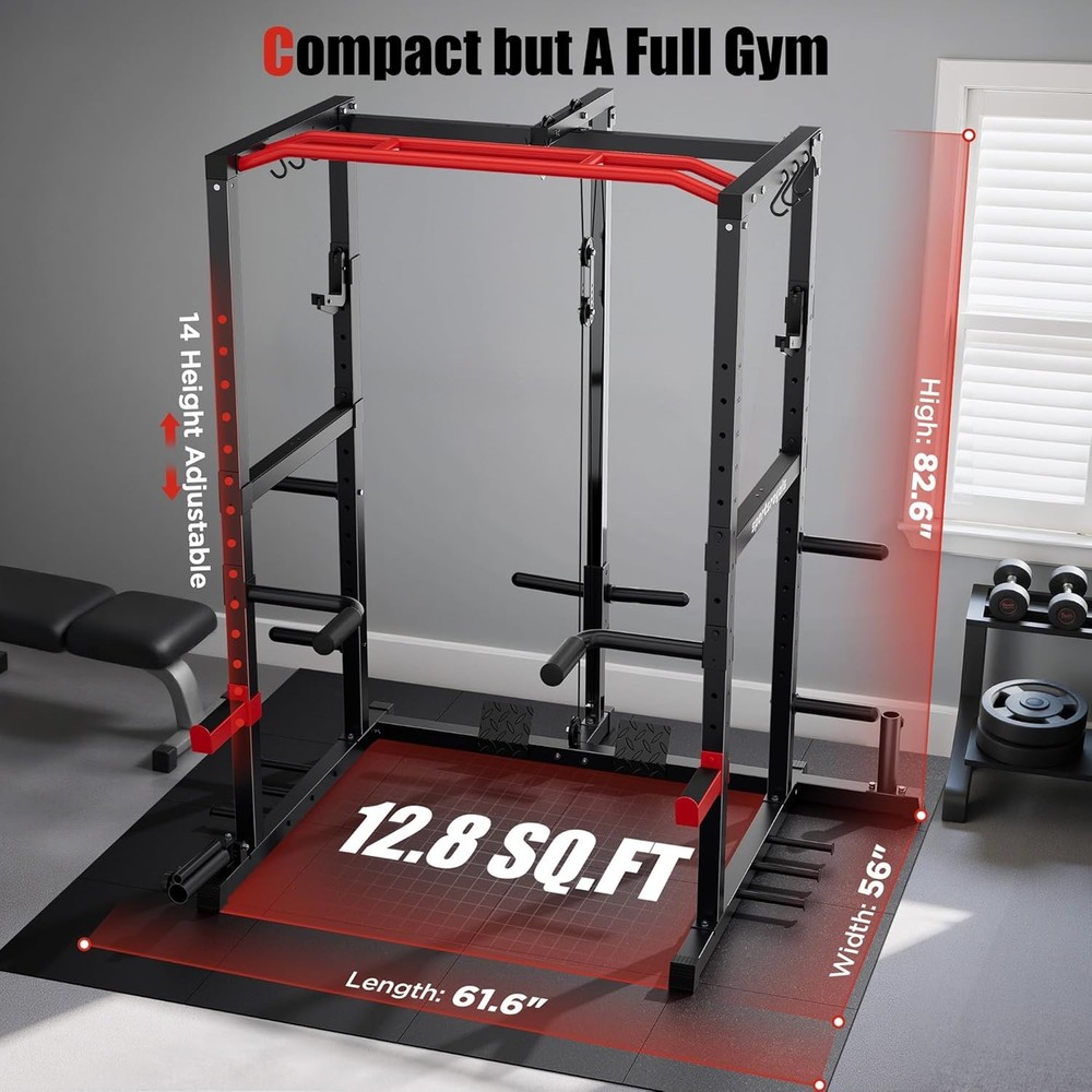 Squat Rack, LAT Power Cage, Power Rack Multi-Function with Pulley System and Tra
