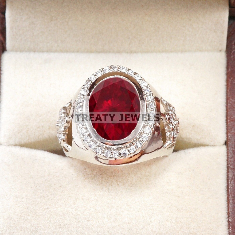 Ruby Oval Cut Gemstone With Solid 14K White Gold Ring For Men's #B561 #