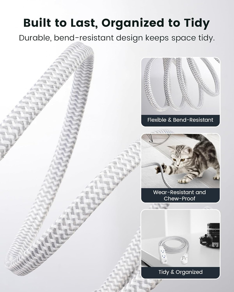10FT 360° Rotating Flat Plug Extension Cord Flat Wall Plug with 3 Outlets, Braid