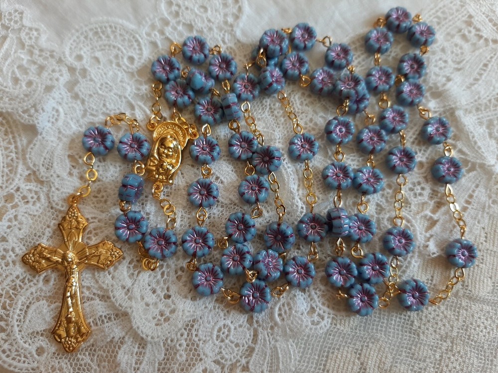 La Petit Opaque Blue Czech Crystal Flower Rosary