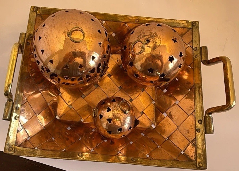 Woven Copper & Brass Tray With Three Hinged Decor Balls