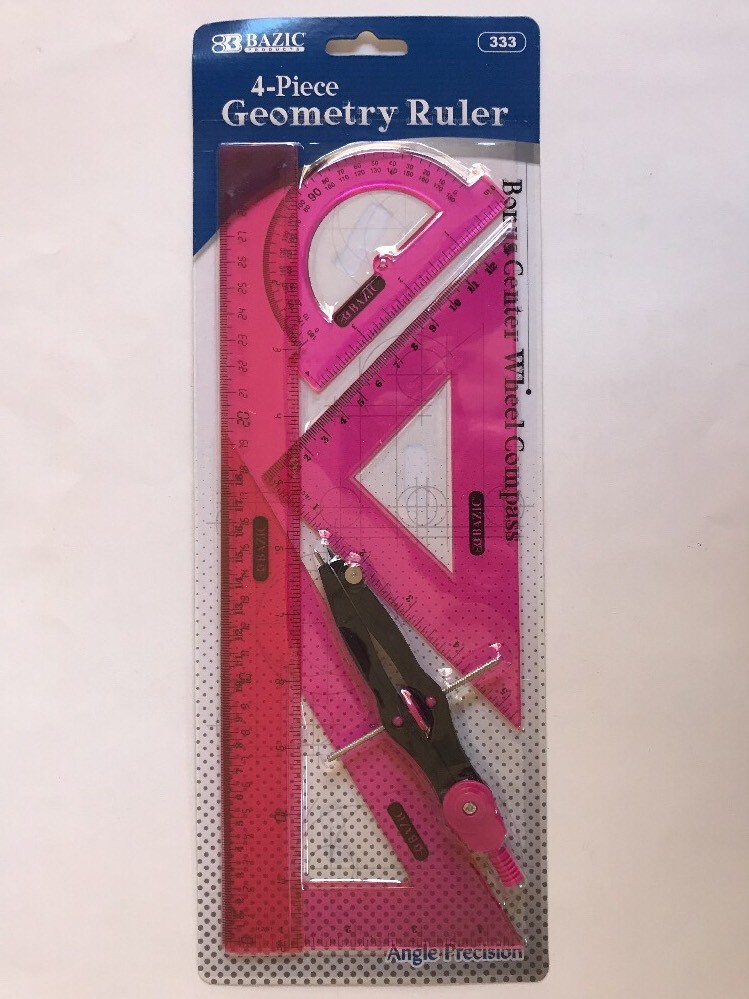 5-Piece Geometry Ruler Straight Triangle Protractor Compass Bazic New