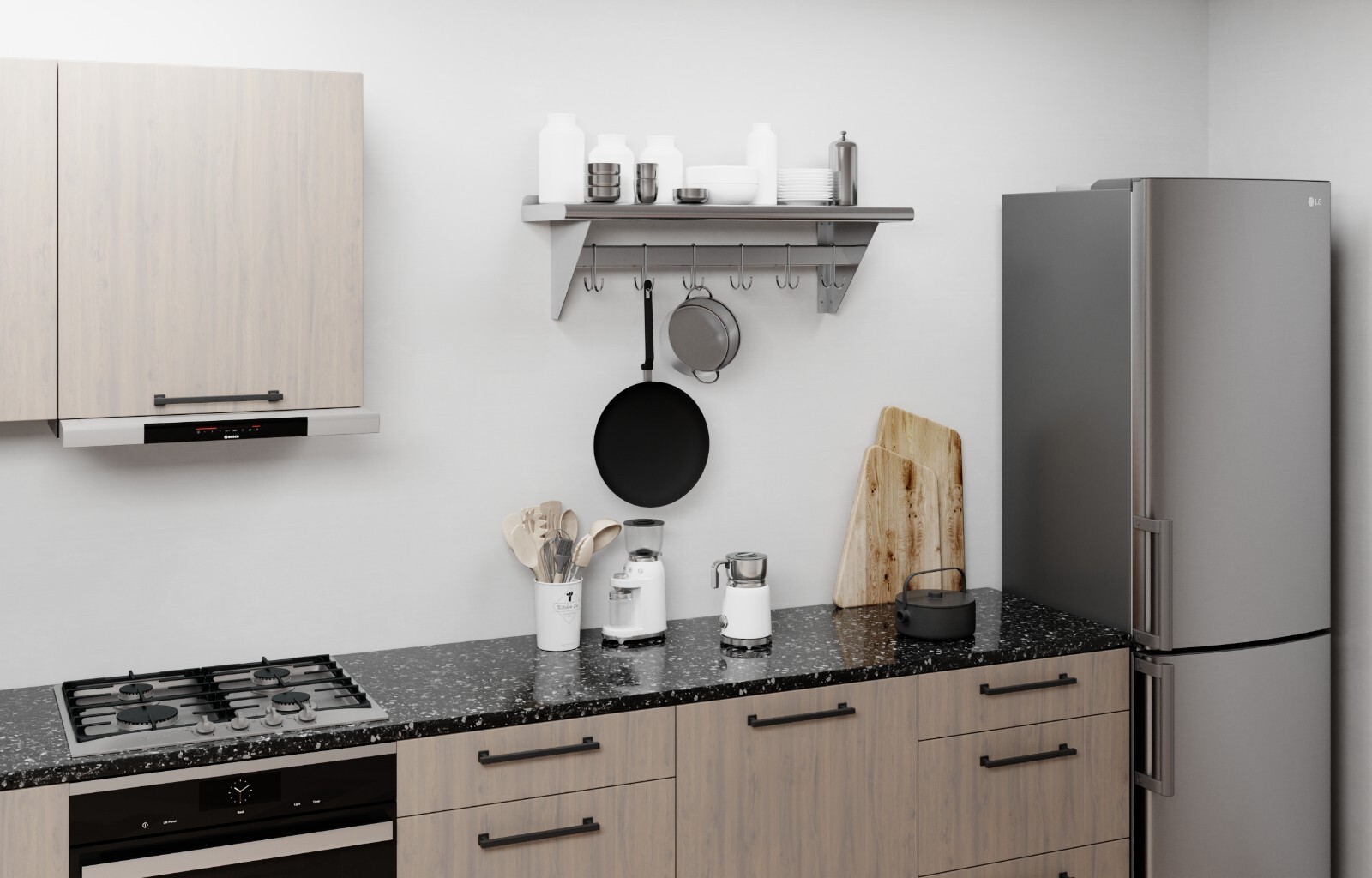 12 in. x 48 in. Stainless Steel Wall Mounted Pot Rack with Shelf and 6 hooks