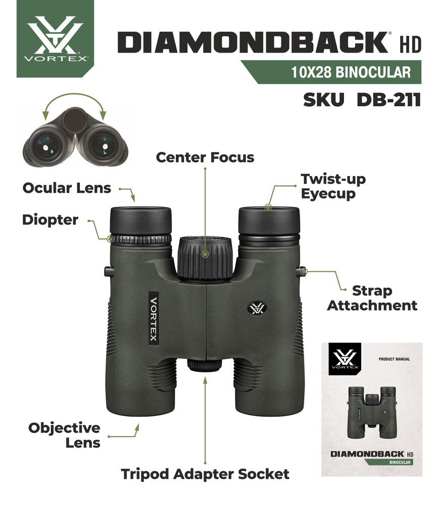 Vortex Optics Diamondback HD 10x28 Binocular with Free Camo Digital Hat Bundle