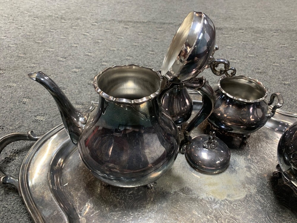 French Provincial Reed & Barton #7040 Silver Plate Tea Coffee Set w/ #359 Tray