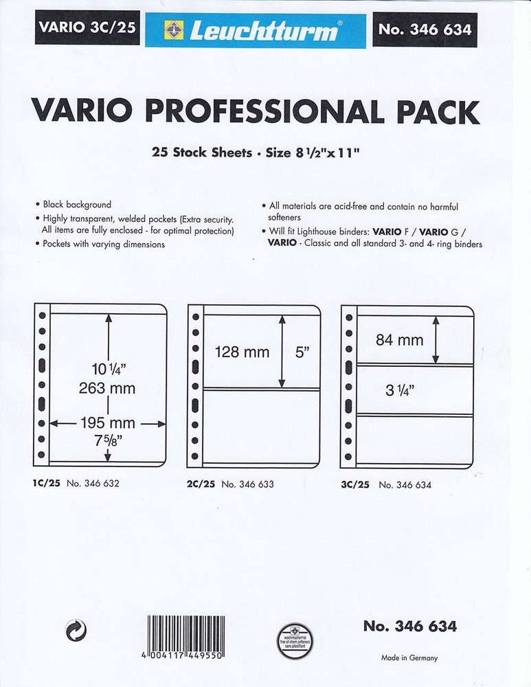25 VARIO 3C Clear Pages For Banknotes /Stamps /Postcards /FDC Professional Pack