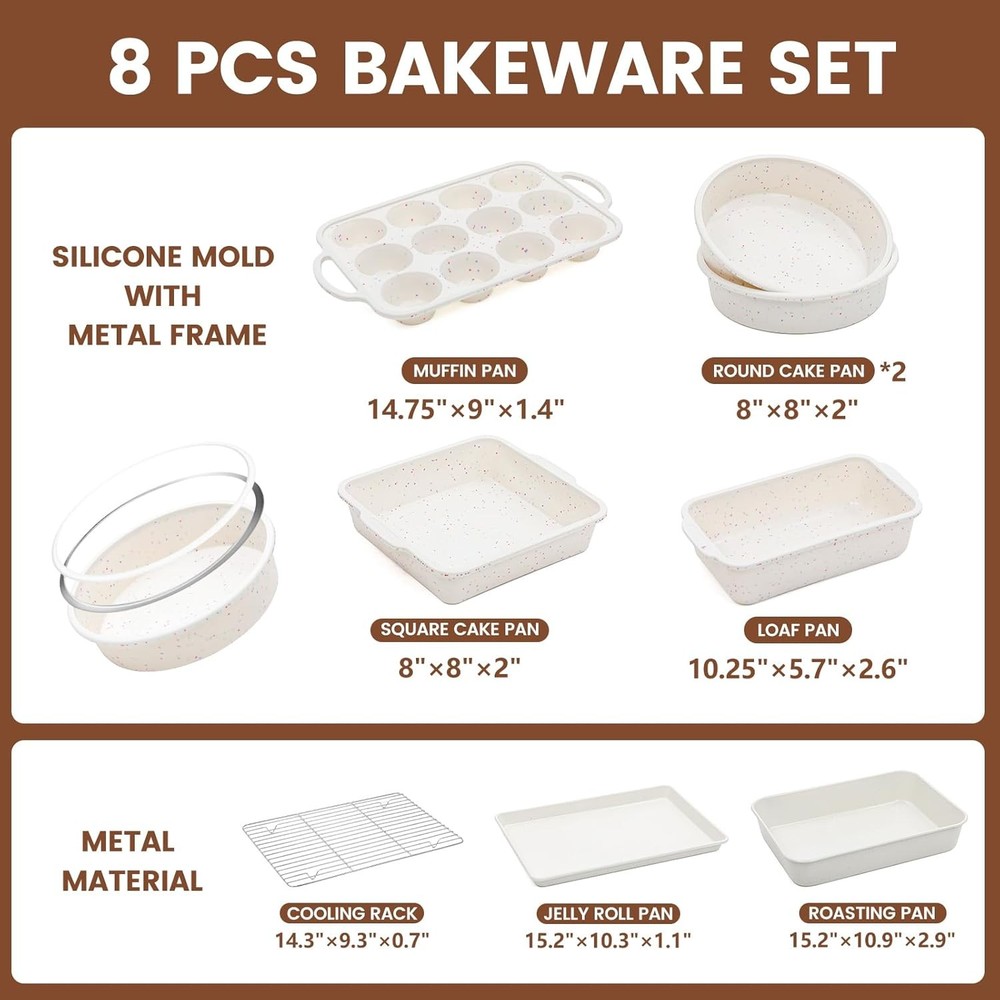 8-Piece Baking Pans Set Nonstick Bakeware Set includes Silicone Muffin Loaf Cake