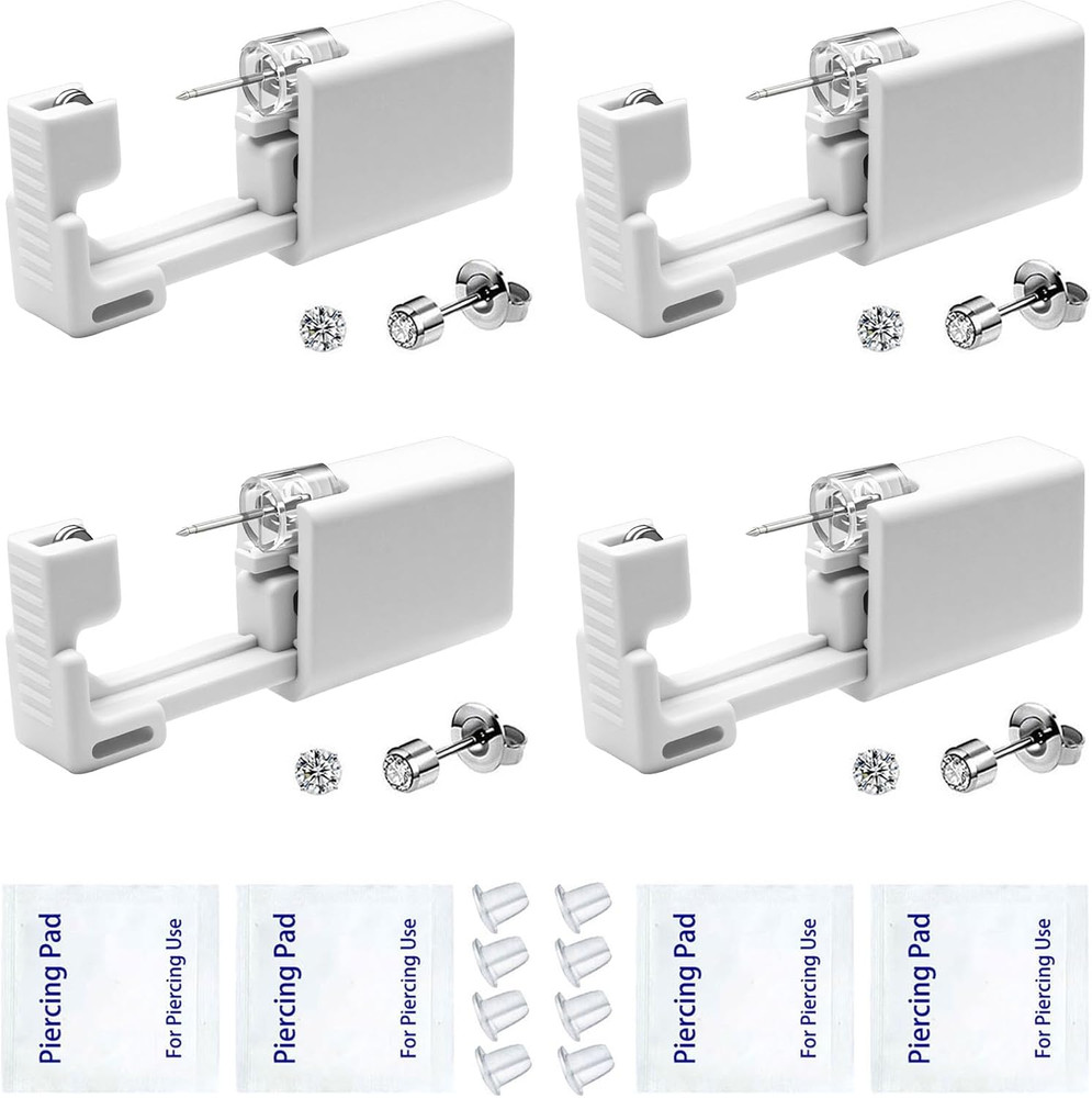 4× Ear Piercing Disposable Kit Silver Stud Earring Gun DIY Home Self Ear Sets US