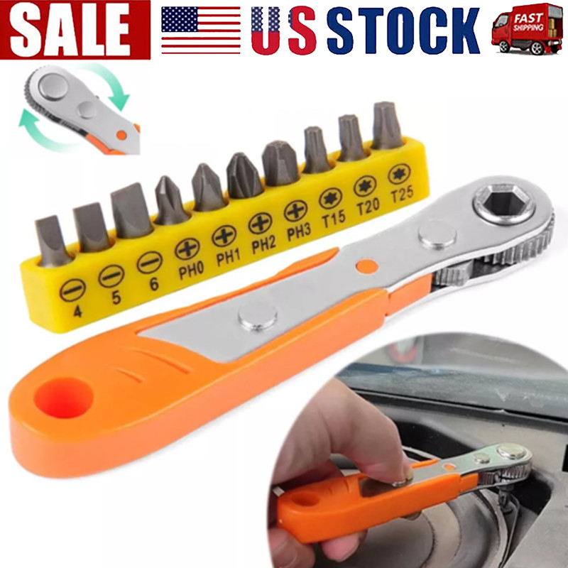 Ratcheting Right Angle Screwdriver Hex Drive 90 Degree Offset + 10pc Bits Set!