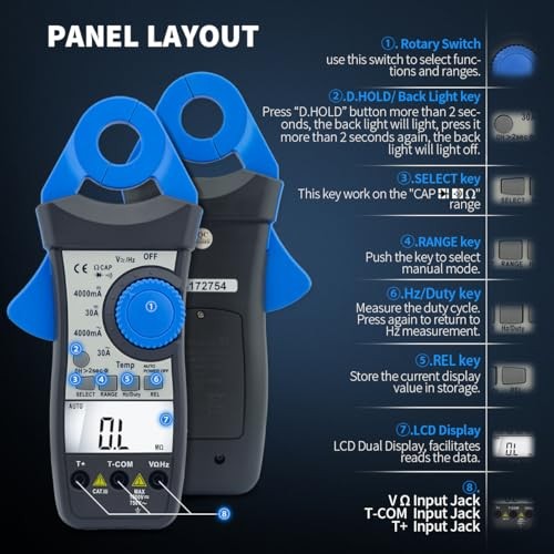 Digital Clamp Meter Multimeter, 1mA Sensitive Digital Low Current Clamp blue