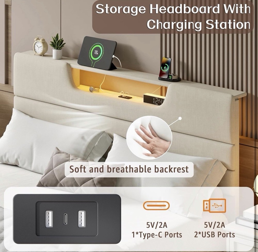 Queen Platform Bed Frame Beige LED Lights Charging Station Storage Headboard