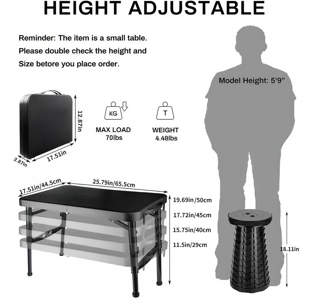 KPR Retractable Small Folding Table and Stool Set, Portable Camping Foldable ...