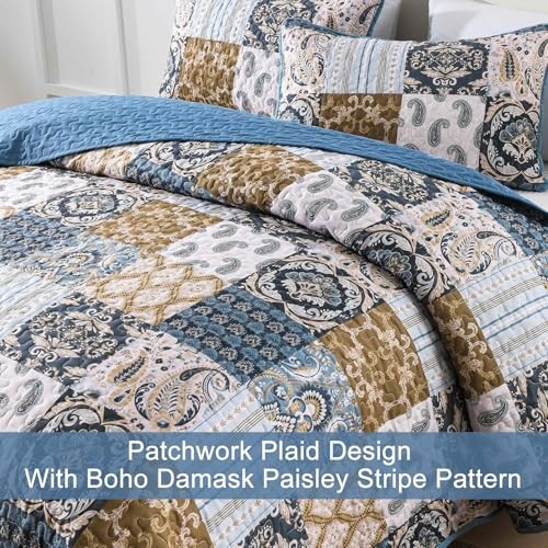 Boho Quilt Set Size Patchwork Plaid Bedspread Bedding Sets Paisley Queen Blue