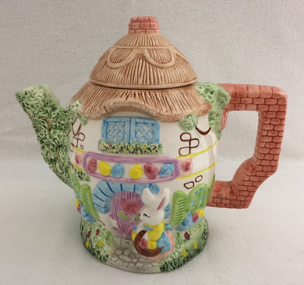 Tea Pot Easter Bunny Eggs Tree House Ceramic Bright Pastels Decorative Use Only