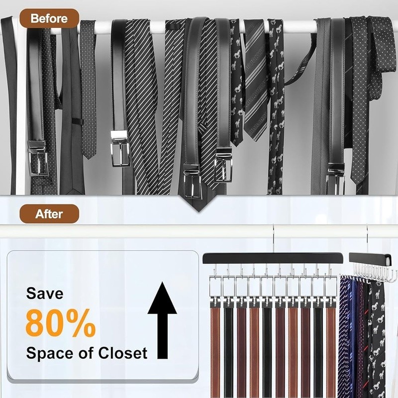 Belt & Tie Organizer Wood Multi Functional Hanger Storage Rack Foldable Hooks US
