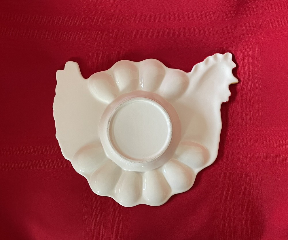 Chicken Hen Shaped Ceramic Deviled Egg Platter Dish Tray with Dip Holder Vintage