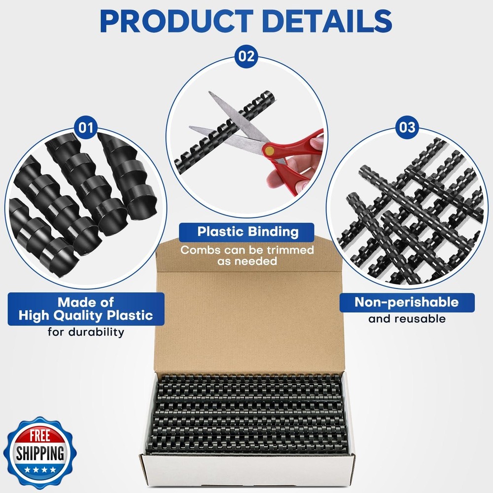 MYFULLY 100 Pack 21 Ring Plastic Comb Binding Spines | 5/8 Inch Diameter, 115