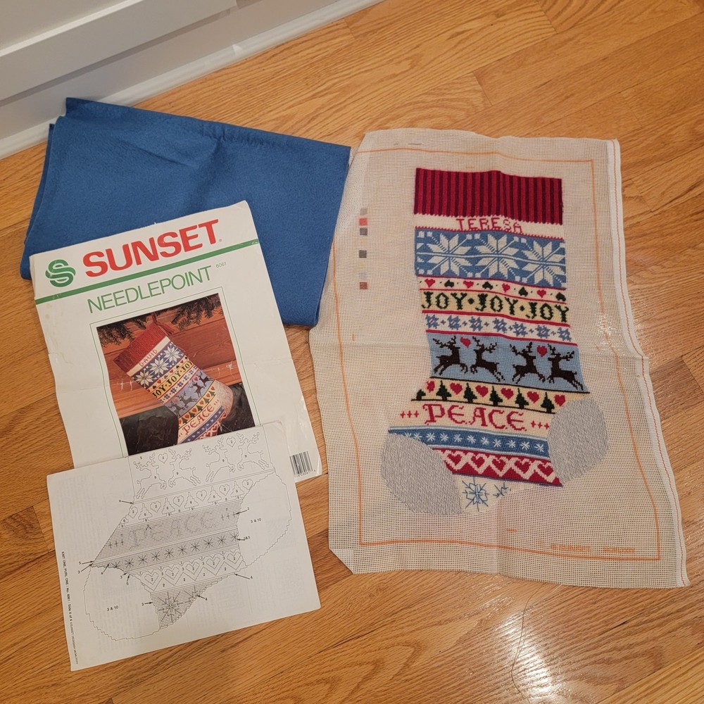 SUNSET Needlepoint Christmas Stocking Kit 6061 Already Stitched With Fabric READ