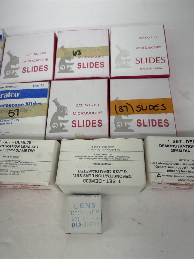 Assorted Microscope Slides And Lenses