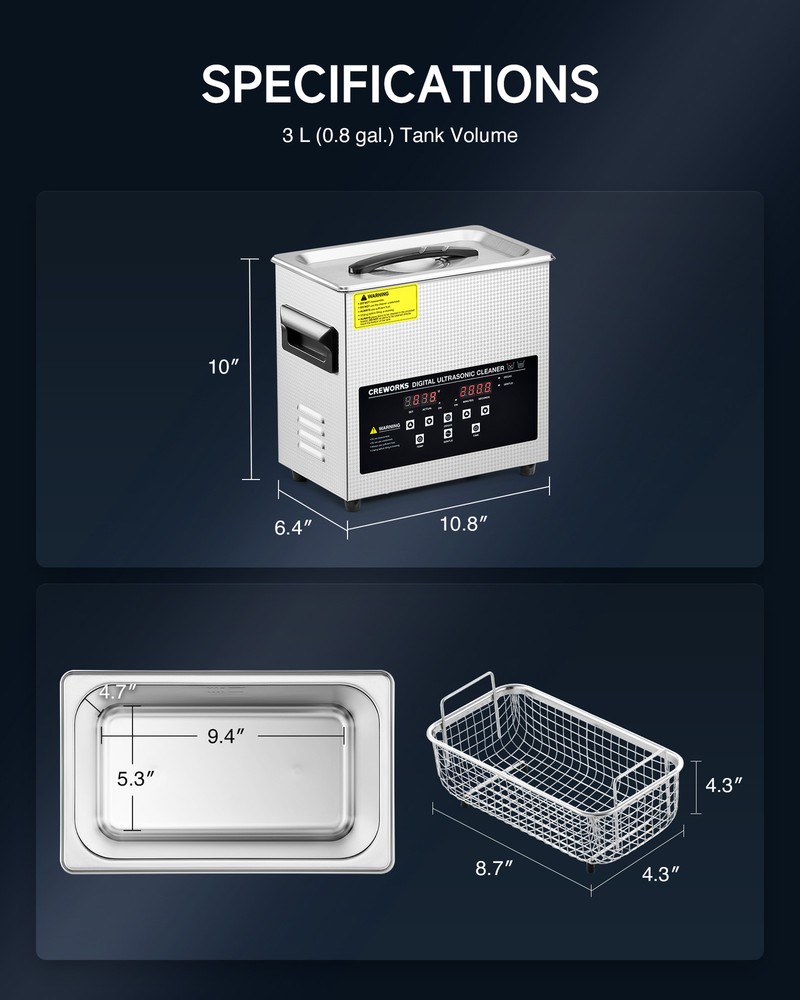 CREWORKS 3L Ultrasonic Cleaner with Control Panel 1-30 min. Timer & Degas Mode