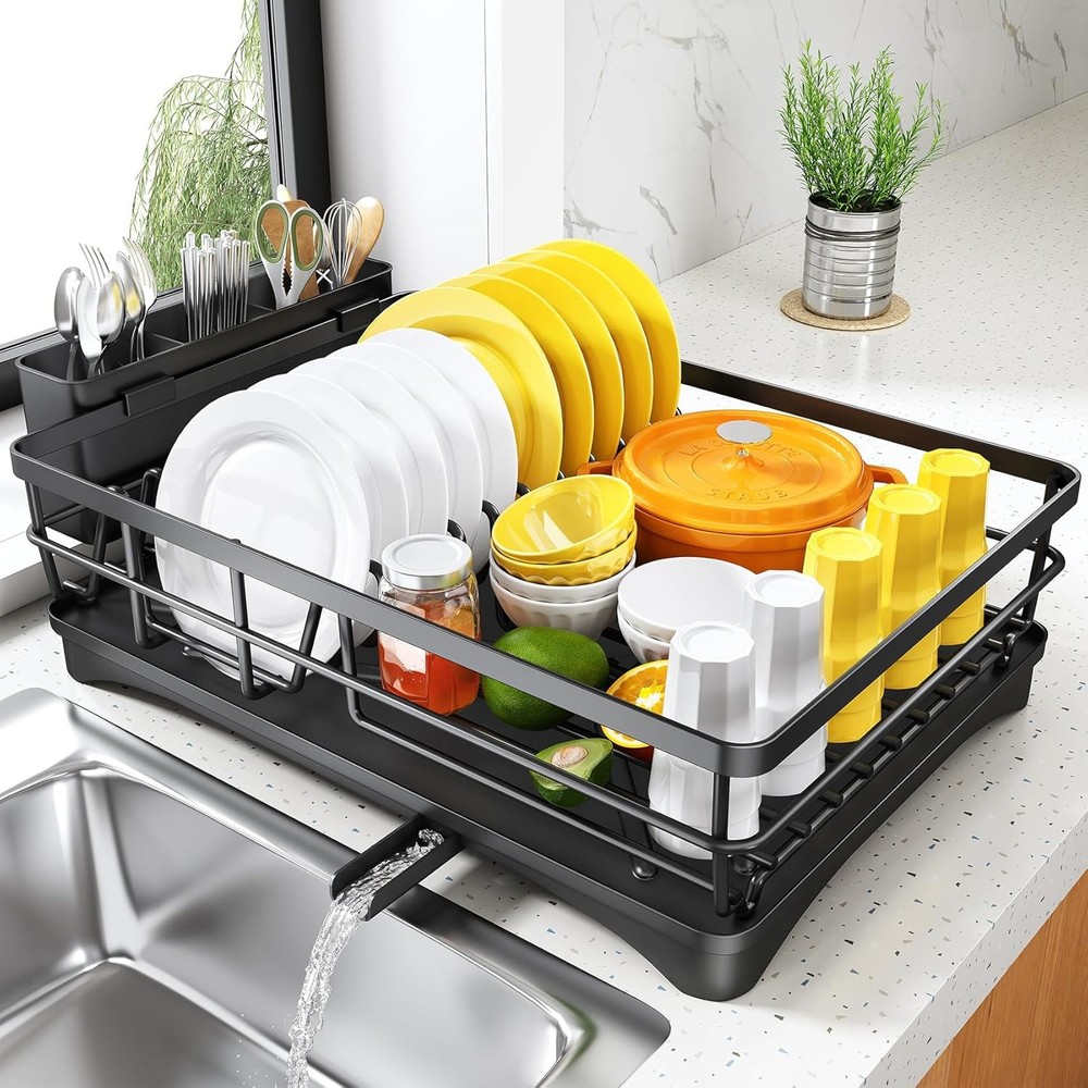Large Dish Rack with Drainboard, Rustproof Dish Drainer , Black