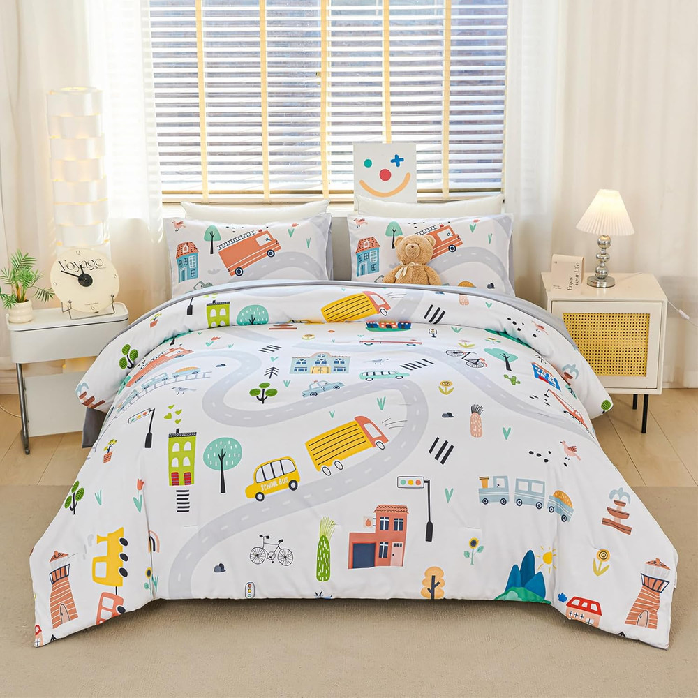 5Pcs Car Comforter Bed Set for Kids Queen Size Cute Bedding Sets with Sheet for