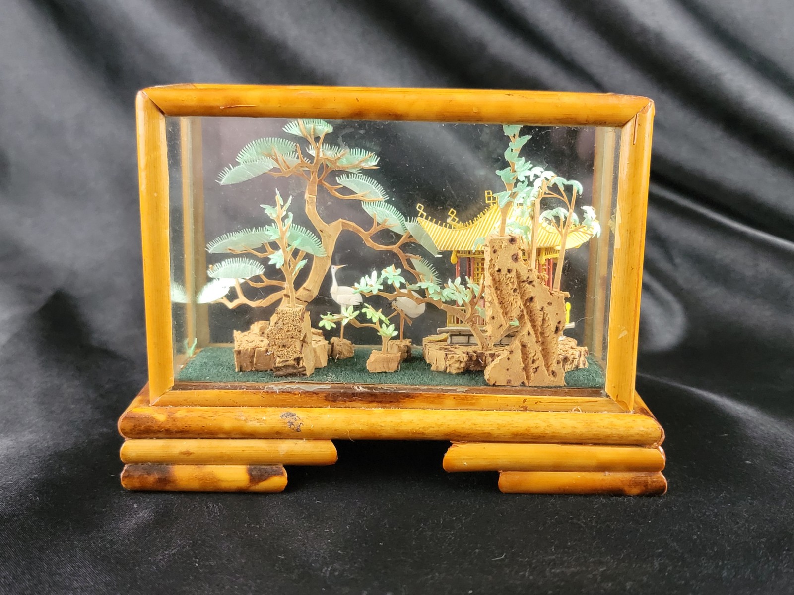 3D Carved Sculpture China Japan Pagoda Bonsai Tree Storks Cranes Vintage