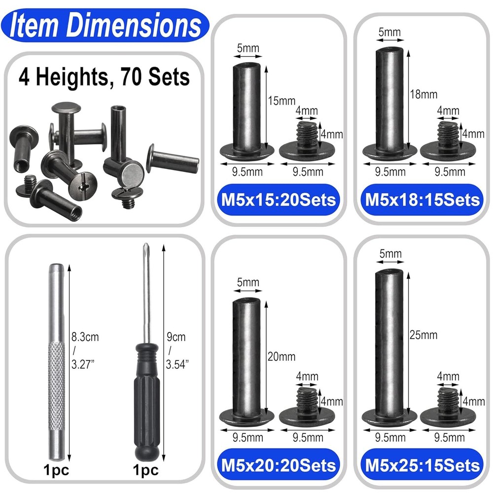 70Sets Chicago Screws Leather Rivets Assorted Screw Rivets Chicago Binding Sc...