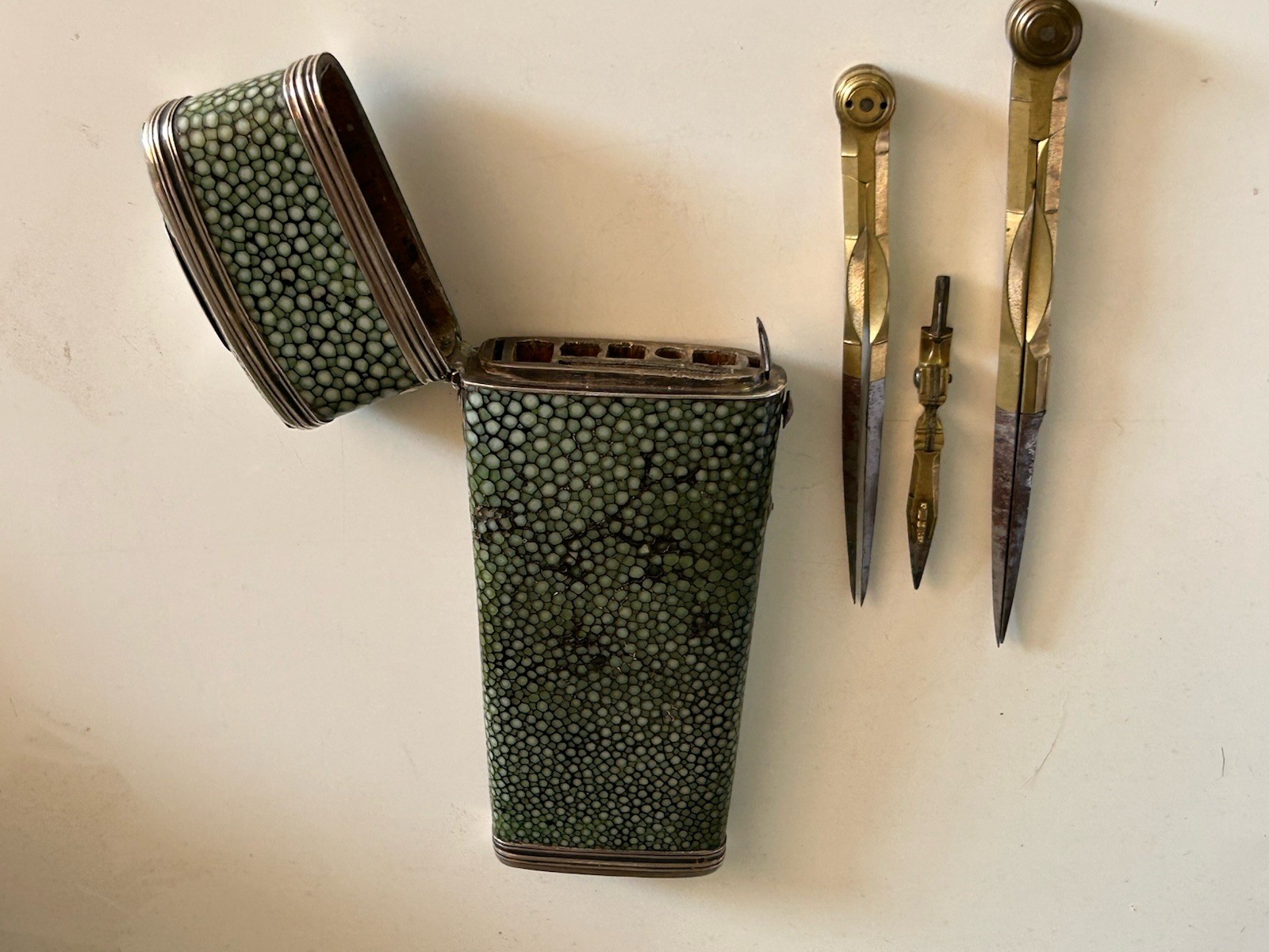 Antique Georgian Green Shagreen & Silver Mounted Draughtsman’s Etui. Circa 1790.