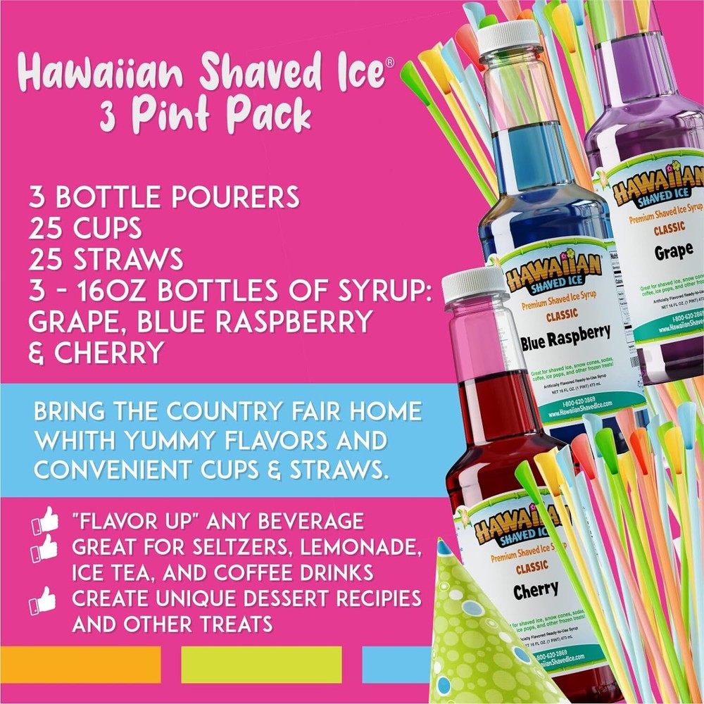 Hawaiian Shaved Ice Syrup 3 Pack with Accessories