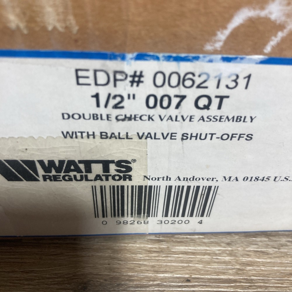 WATTS REGULATOR 1/2" 007 QT DOUBLE CHECK BACKFLOW PREVENTER VALVE ASSEMBLY