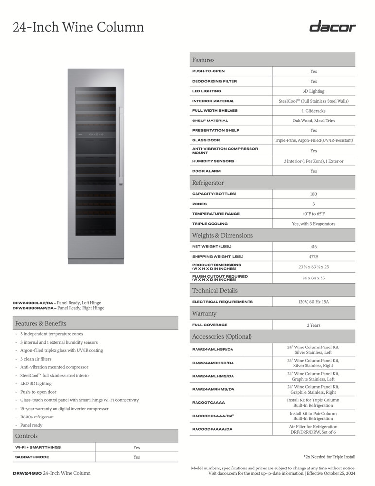 Dacor 24-Inch Panel-Ready Wine Column DRW24980RAP/DA