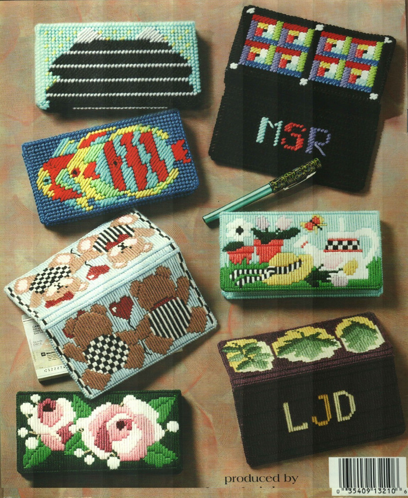 CHECKBOOK COVERS CAT BEAR ROSE QUILT FISH 7 DESIGNS PLASTIC CANVAS PATTERN BOOK