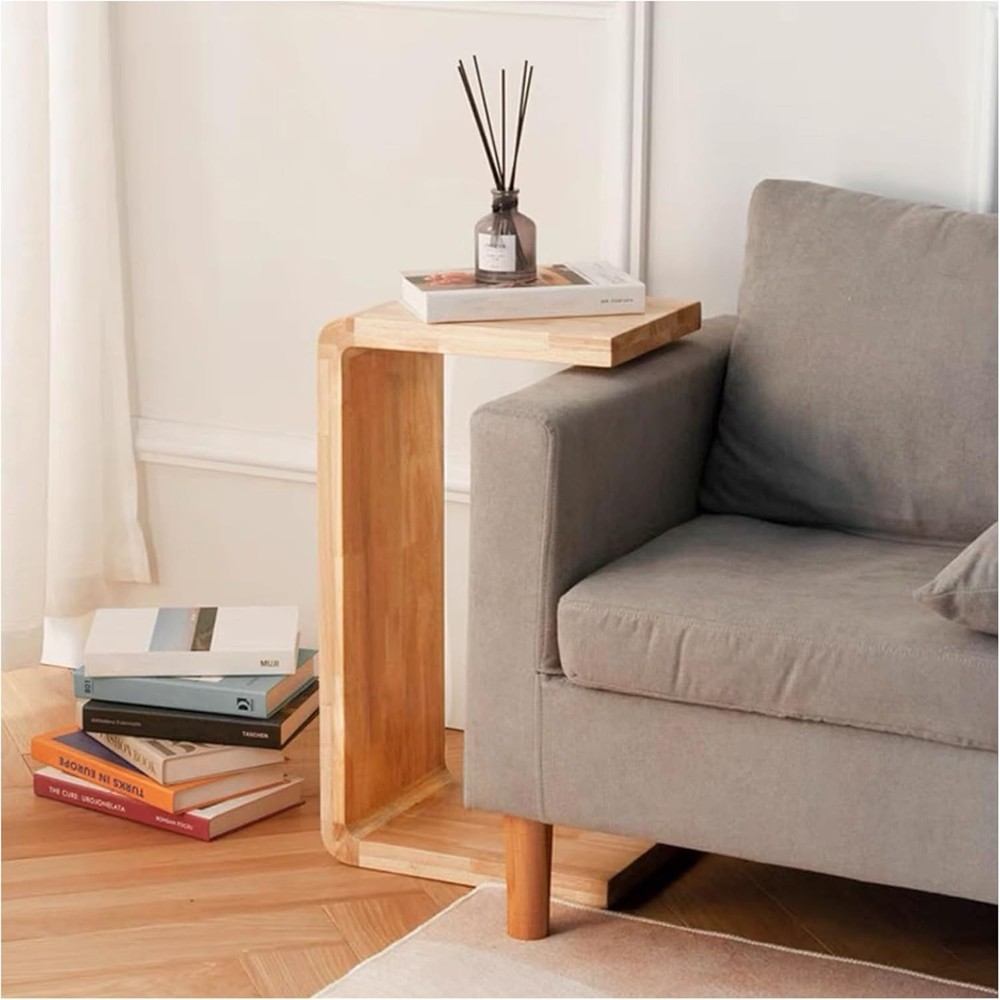 C Shaped End Table Solid Wood Sofa Side Table Couch Bed & Living Room