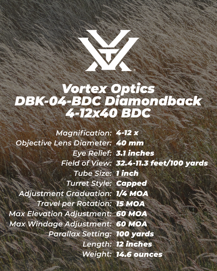 Vortex Diamondback 4-12x40 Riflescope Dead-Hold BDC MOA w/Camo Forest Hat Bundle