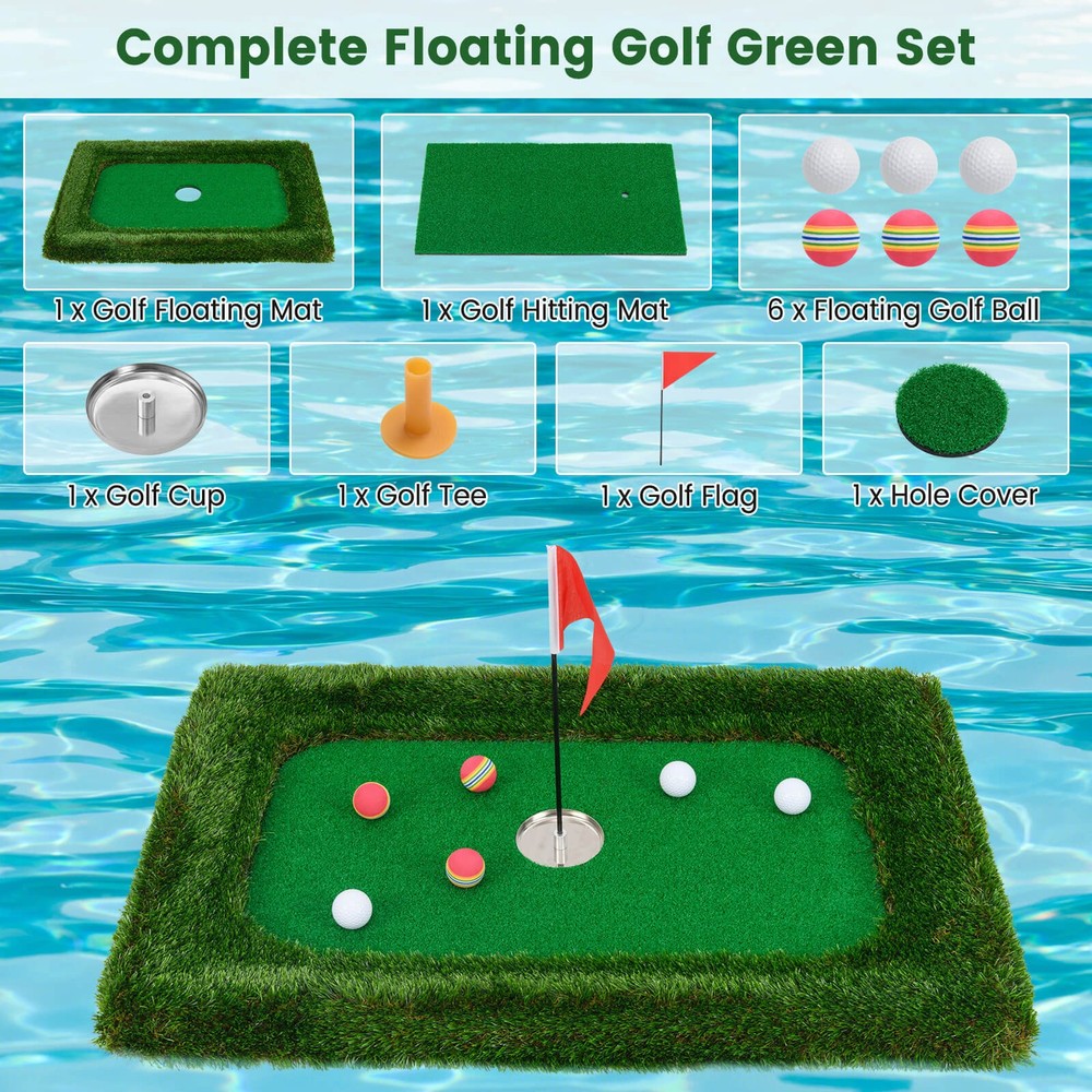 Rectangular Floating Golf Green for Pool Includes Golf Hitting Mat 6 Golf Balls