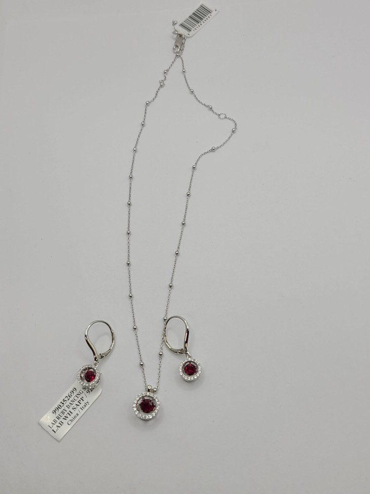 Round Cut Lab Ruby Gemstone Dancing Pendant & Earring Set in Sterling Silver
