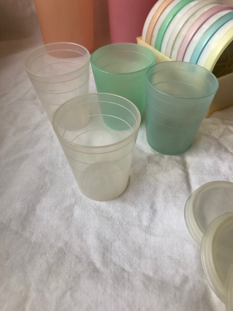 Vintage Pastel Coasters Cups Midgets Lids Tupperware