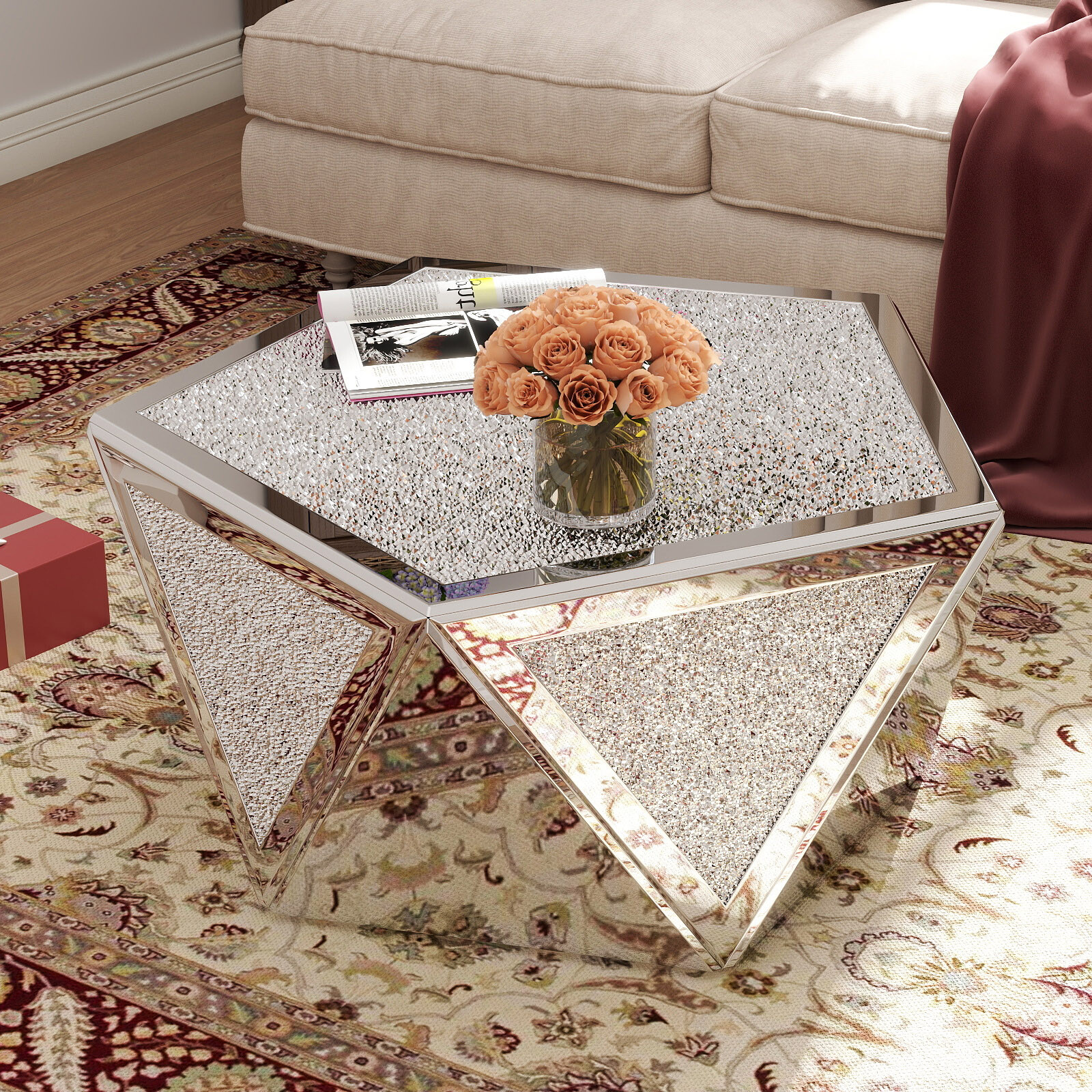 Modern Pentagonal Mirrored Coffee Table Crushed Diamond Luxury Home Living Room