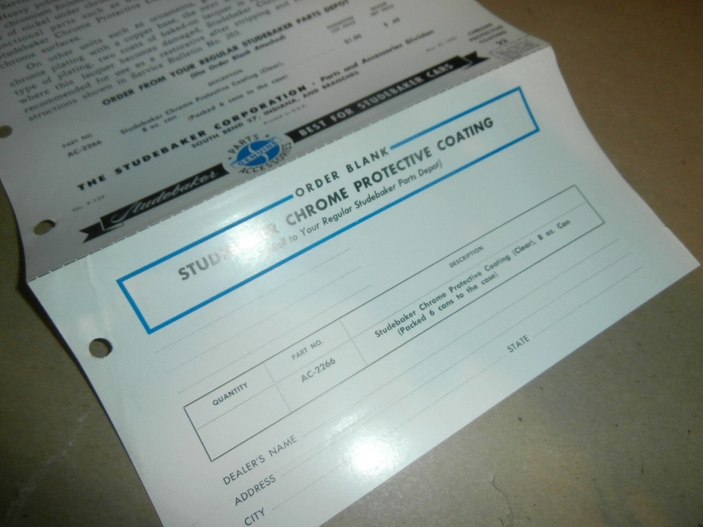 1952 Studebaker Dealer Brochure Order Form Chrome Protective Coating