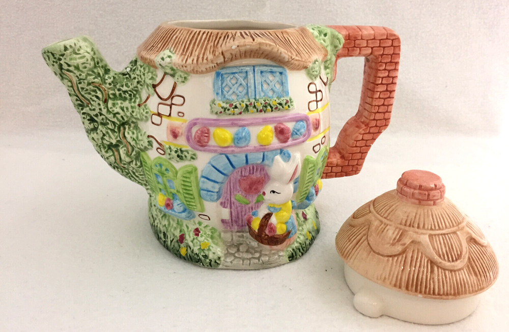 Tea Pot Easter Bunny Eggs Tree House Ceramic Bright Pastels Decorative Use Only